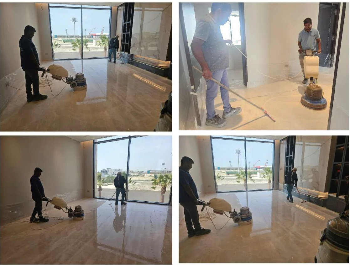 Technicians polishing stone floors at Ebrahim Al Kooheji Villa