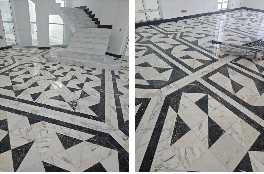 Geometric black and white marble installation inside a private villa in Rifa