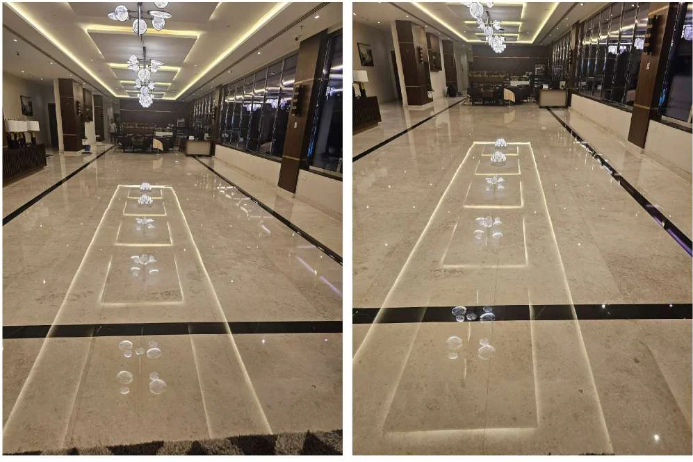 Polished hotel lobby stone floor at the Wave site in Juffair